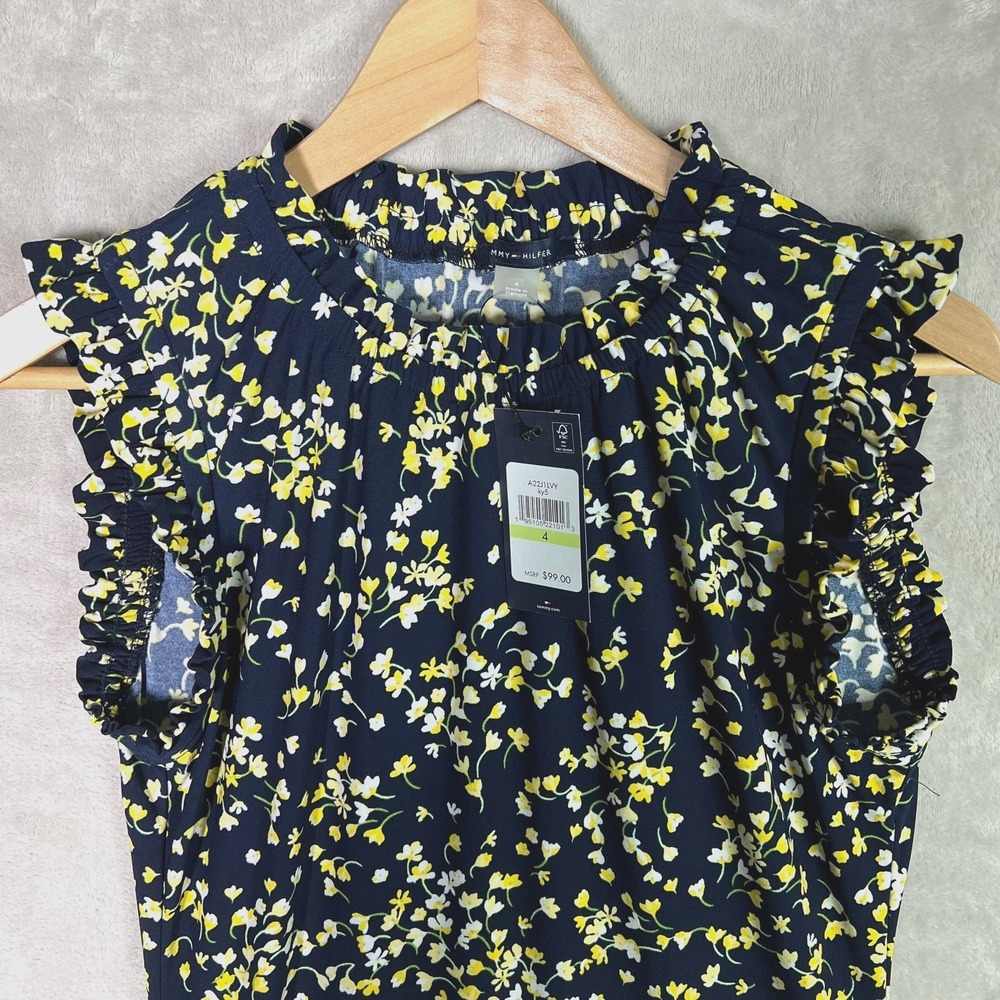 Tommy Hilfiger Shift Dress 4 Blue Yellow‎ Floral Feminine Ruffle Neck Sundress